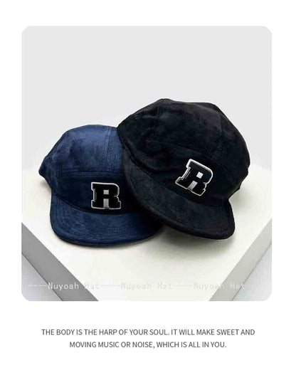 New Korean Patch R Letter Baseball Hats Flat Eave Versatile Suede Peaked Caps Niche Fashion Retro Simple