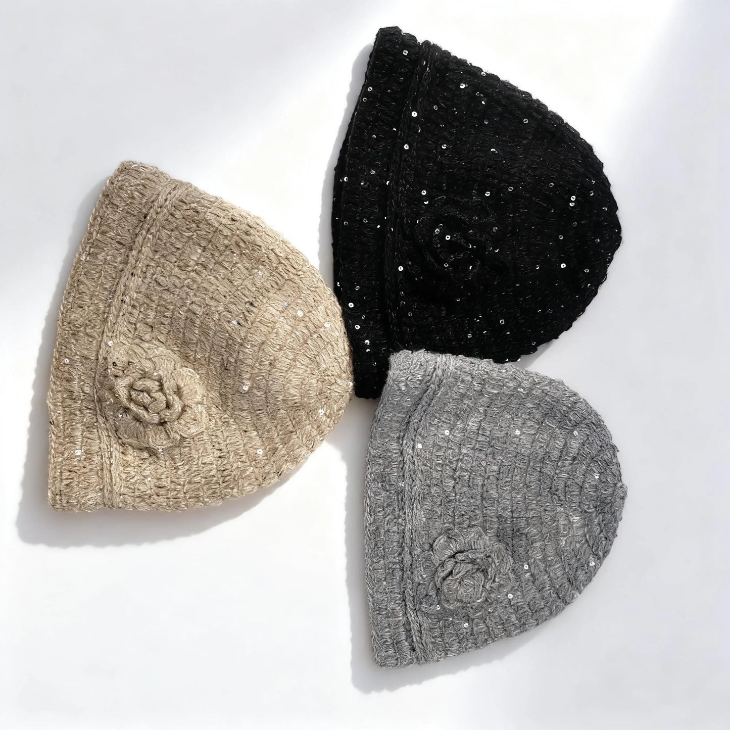 New Handmade Crochet Winter Beanies Hat For Women Solid Flower Sequin Skull Cap