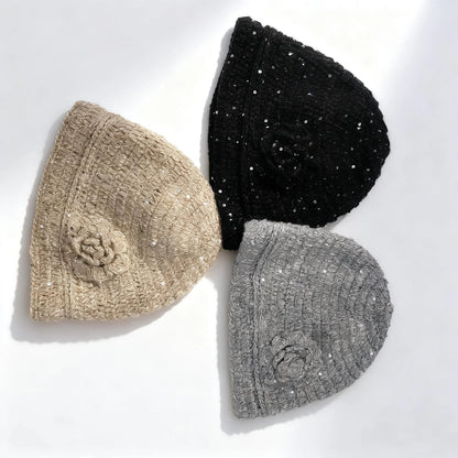 New Handmade Crochet Winter Beanies Hat For Women Solid Flower Sequin Skull Cap