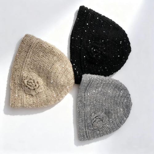 New Handmade Crochet Winter Beanies Hat For Women Solid Flower Sequin Skull Cap