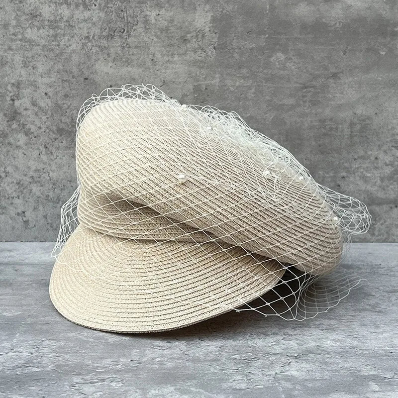 Elegant Mesh Pearl Beret Newsboy Hat Japanese Pleated Cap