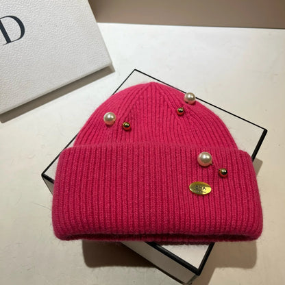 Designer Pearls Brooch Knitted Hat Women Luxury