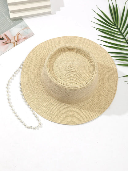 Chic Pearl Flat Top Straw Hat - Women's Summer Black Fashion Sun Hat
