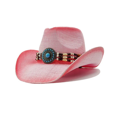 Western Thick Cowboy Hat Retro Pink Gradient Straw Hat
