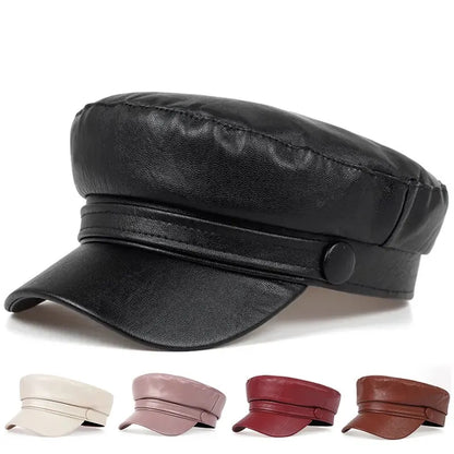 Pu Leather Solid Color Army Cap Spring And Autumn Outdoor Casual Adult