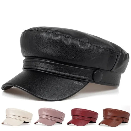 Pu Leather Solid Color Army Cap Spring And Autumn Outdoor Casual Adult