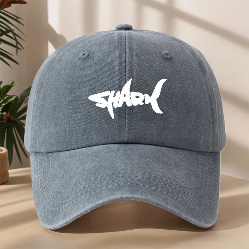 Men's Shark Patterned Baseball Cap with Washed Retro Design Suitable