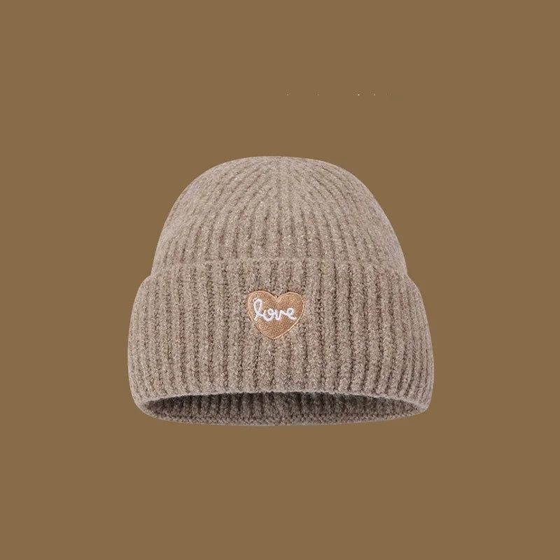 Love Heart Embroidered Woolen Hat Warm Ear-Protecting Cold Hat