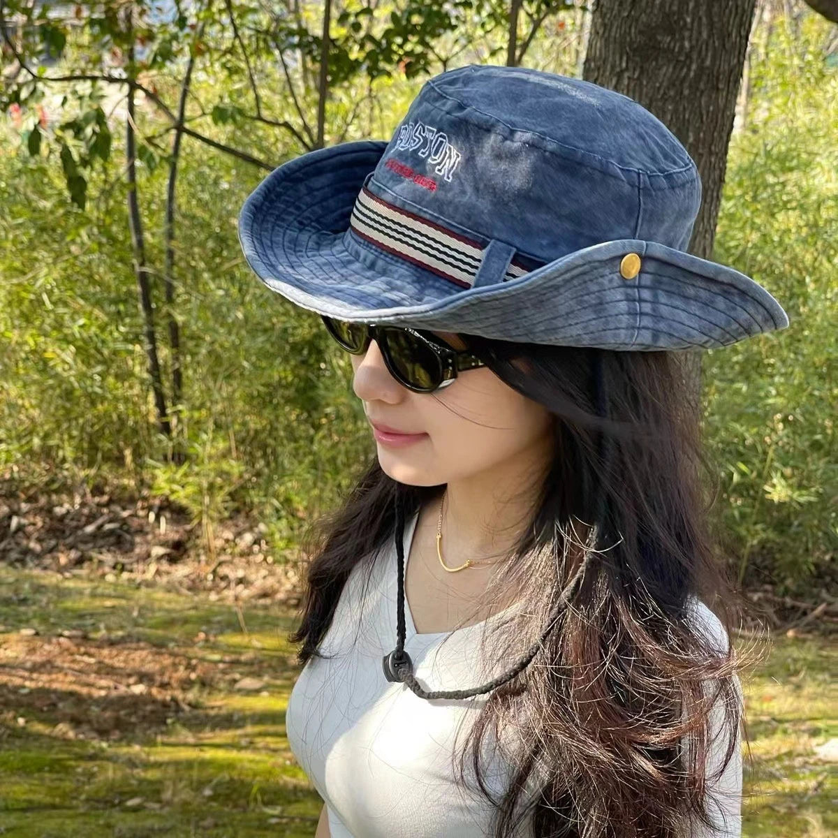 Washed Denim Bucket Hat Boston Embroidery Wide Brim Sun Hat