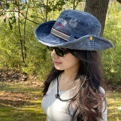 Washed Denim Bucket Hat Boston Embroidery Wide Brim Sun Hat