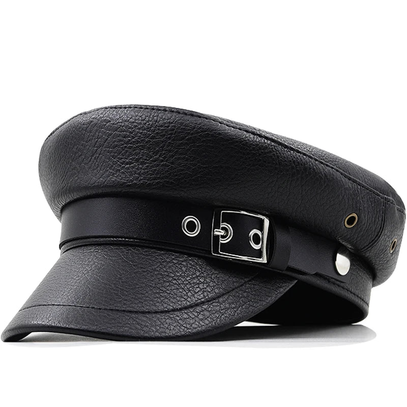 Casual Military Caps Woman Pu Beret Flat Hats