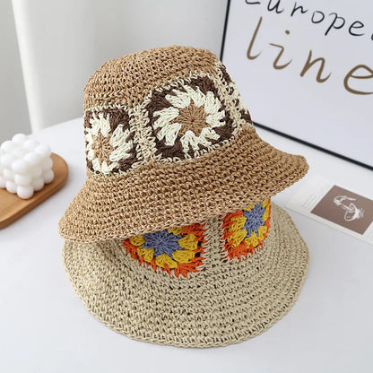New Foldable Straw Crochet Flower Hat Women's