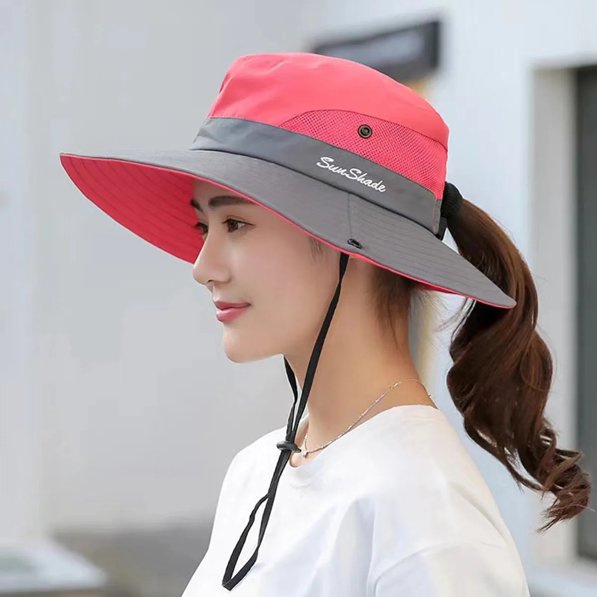 Women Large Brim With Leaking Ponytail Quick Drying Bucket Hats