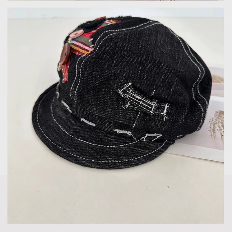 Personalized Retro Patch Button Star Design Denim Berets Cap