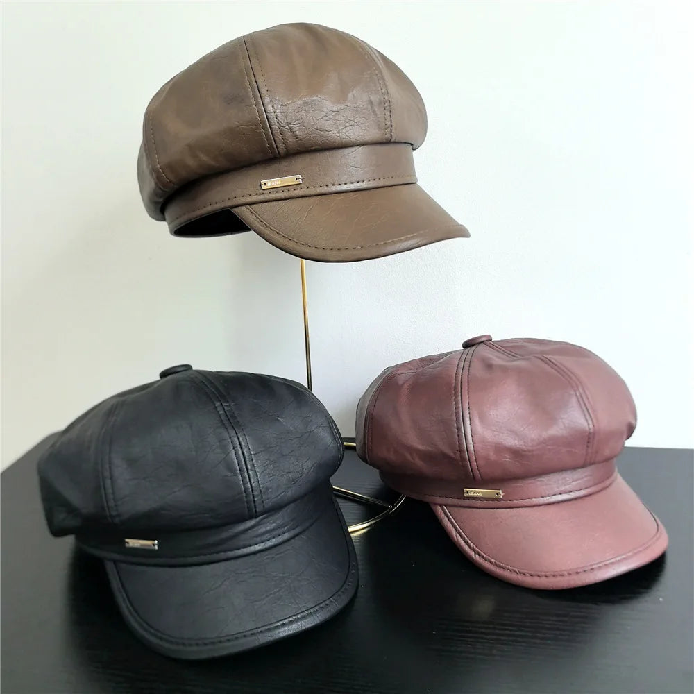 Pu Leather Beret Hat With Metal Logo Korean Retro British Painter