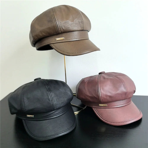 Pu Leather Beret Hat With Metal Logo Korean Retro British Painter