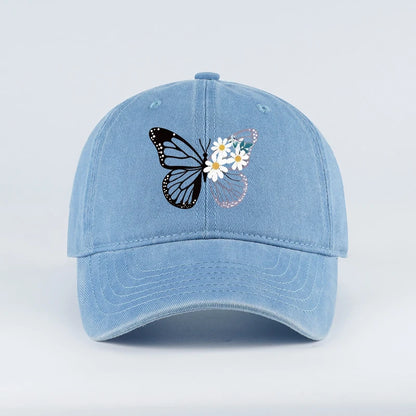 Butterfly and Daisy Print Washed Baseball Cap