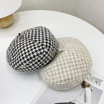 New Fashion All-Match Houndstooth Female British Retro Octagonal Hat
