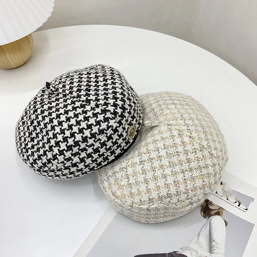 New Fashion All-Match Houndstooth Female British Retro Octagonal Hat