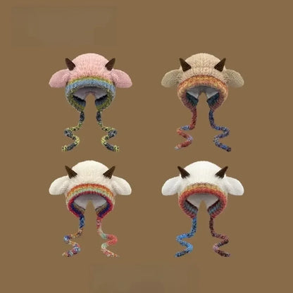 Cute Thick Plush Knitted Hat Girls Winter Warm Ear Protection Beanies Hat