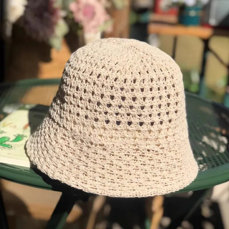 Summer Breathable Hollow Out Knit Bucket Hat Women's
