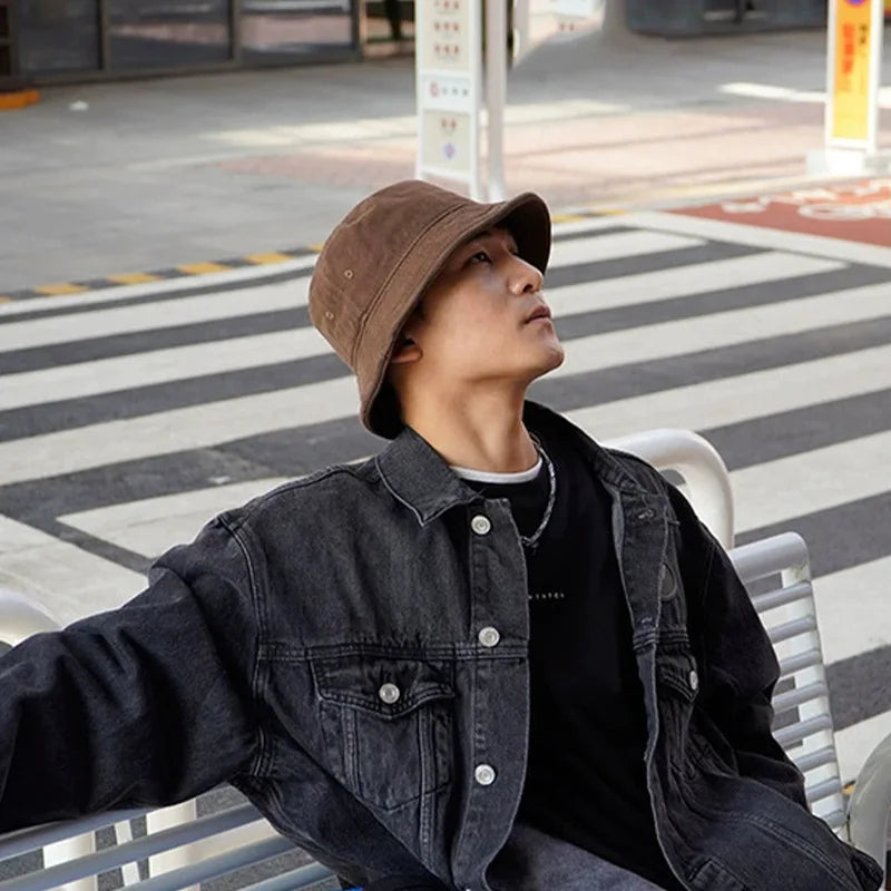 Big Head 59-61cm Bucket Hat Wide Brim Pure Cotton Outdoor Sun Caps