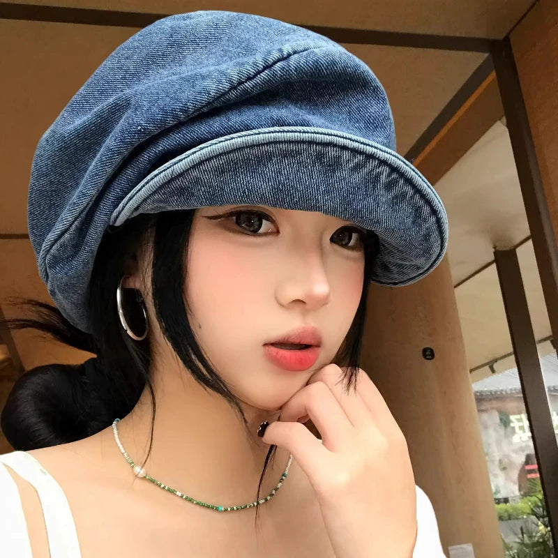 Simple Washed Cloud Denim Berets Women's