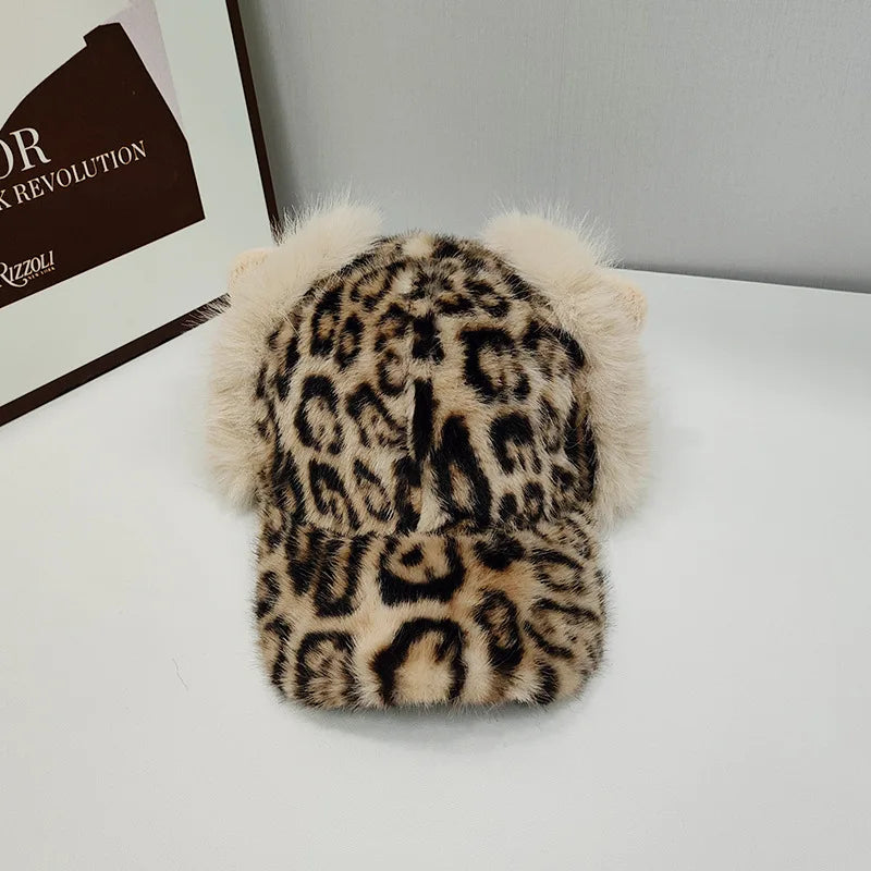 Baseball Cap Women Winter Leopard Ears Design Hat
