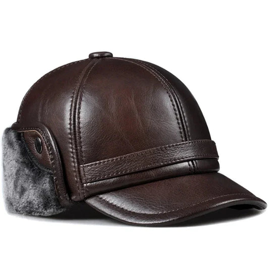 Winter Men's Hat Thicken Leather Cowhide Baseball Caps With Ears Warm Snapback Dad's Hats