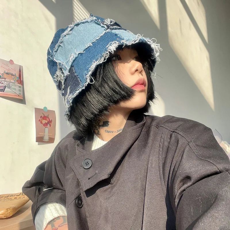 Japanese Retro Men Burr Patchwork Denim Bucket Hats
