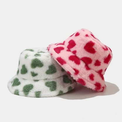 Winter Heart Print Faux Fur Fluffy Bucket Hat Women Outdoor
