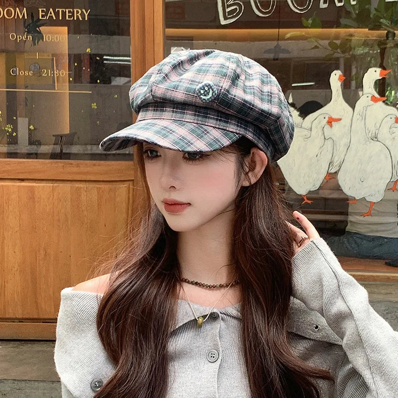 Women College Style Plaid Beret Korean Versatile Face Small Bud Painter Hat