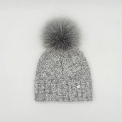 Winter Real Fox Fur Pompom Hats Sequin Skullies Beanie For Women Wool Knitted Hats