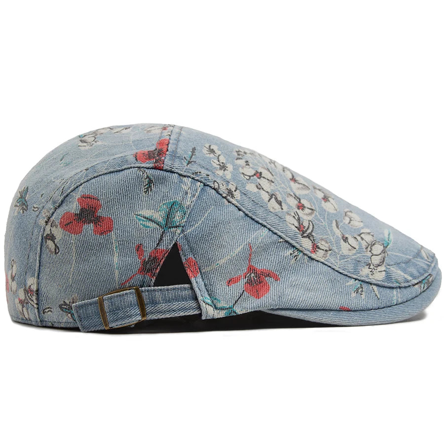New Vintage Print Denim Beret Women Men Cotton Newsboy Cap Casual Visor Fashion Flat Hat