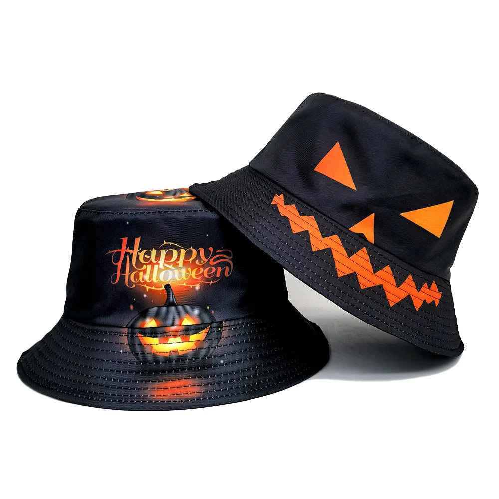 Halloween Decoration Bucket Hat Black Orange Pumpkin Jack O Lantern Fisherman Cap Spooky Party Cosplay Panama Hat