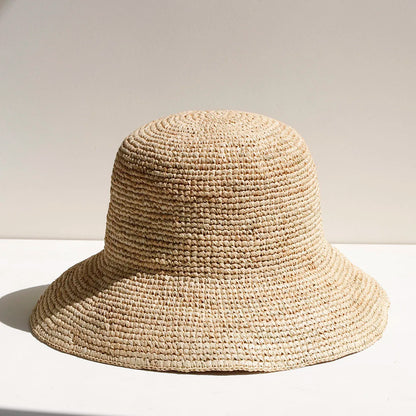 2026 New Raffia Straw Bucket Hat Women Summer Bikini Beach Hat