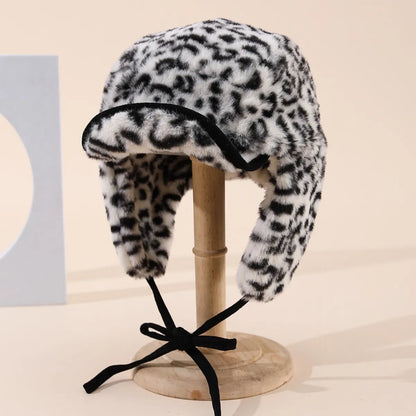 Winter Hats Woman Leopard Print Faux Fur Earflap Hat