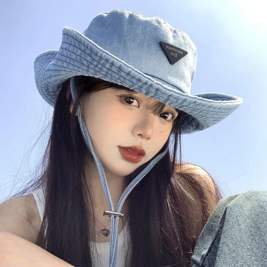 Japanese Retro Denim Drawstring Bucket Hats Women