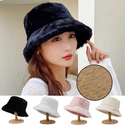 Korean Lamb Faux Fur Bucket Hat Lady Winter Warm Soft Panama Hat