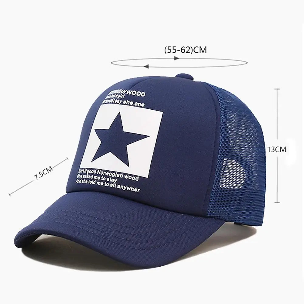 Summer Mesh Baseball Cap Fashion Star Printed Adjustable Baseball Hat Ponytail Cap Unisex Outdoor Sports