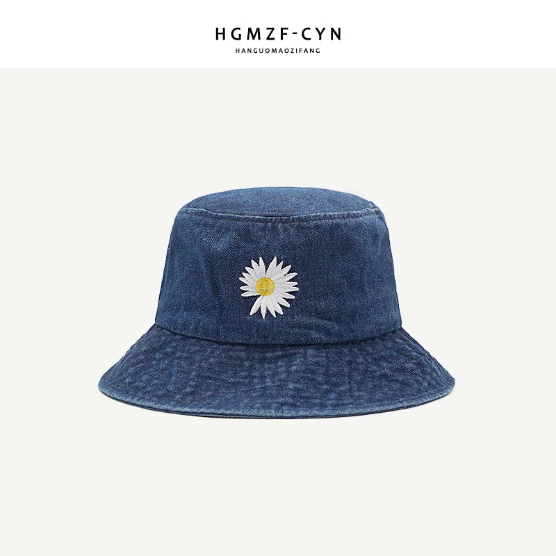 Korean Daisy Embroidery Bucket Hat Women Men