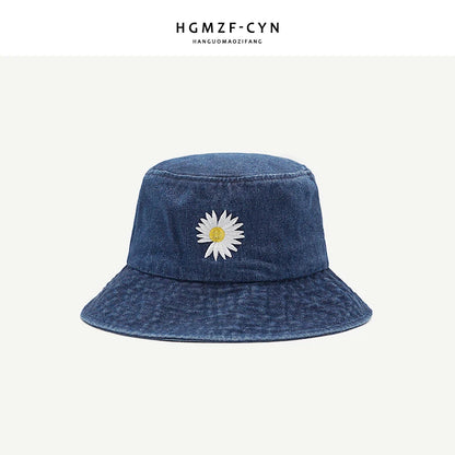 Korean Daisy Embroidery Bucket Hat Women Men