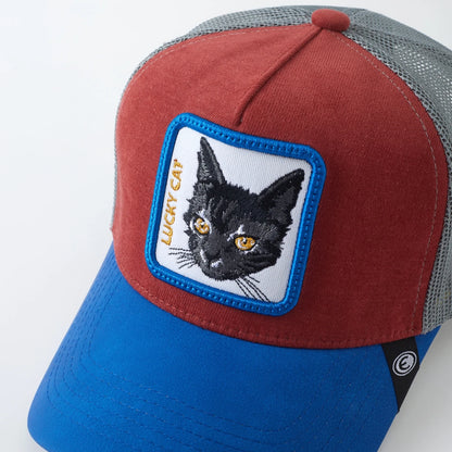 1PC Mesh Baseball Hat, Breathable, Embroidered Lucky Cat Patch, Color Block Streetwear