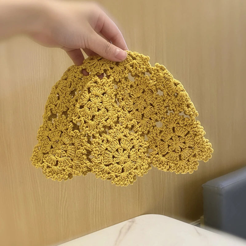 Summer Breathable Hollowed Out Knitted Hat Flowers Lace Beret Cap