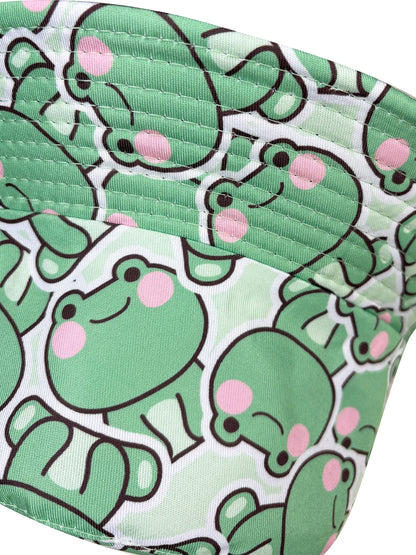 Cartoon Playful Frog Bucket Hat, Beach Sun Hat, Reversible, Foldable Stylish Bucket Hat