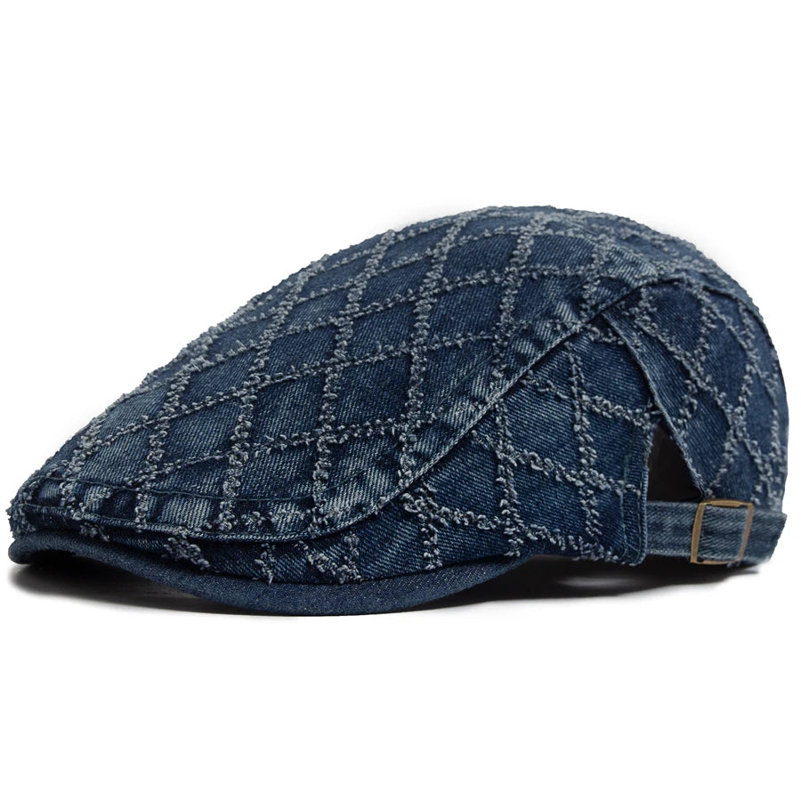 Denim Plaid Vintage Men Berets Washed Cotton Women's Beret Retro