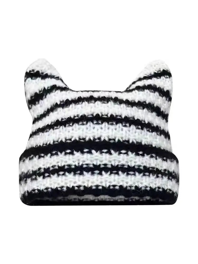 Devil Striped Knitted Hat Women Girls Autumn Winter Cute Cat Ears Cap