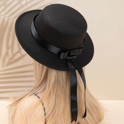 Elegant Flat Top Flat Edge Woolen Academy Style Bowtie Ribbon Hat