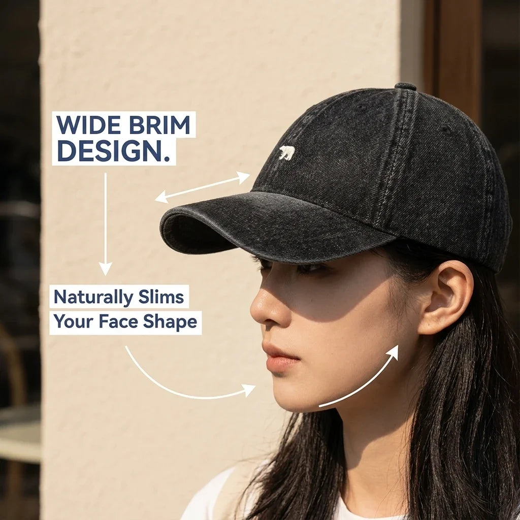 Polar Bear Embroidered Baseball Cap for Men Women Large Head Size Wide Brim  Washed Denim Trucker Hat Adjustable Casual Duckbill Cap