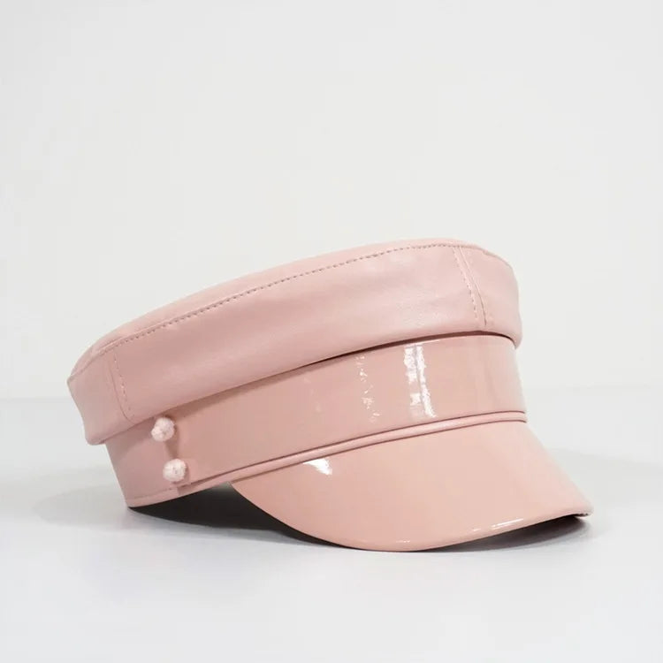 PU Leather Newsboy Caps Flat Top Navy Cap